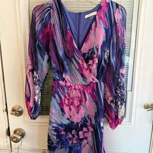 Pink and Purple Sheath Dress with V-Neck and Bishop Sleeves